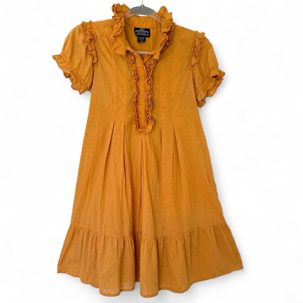Angie 100% Cotton Mustard Yellow Ruffle tiered collared Short Sleeve Retro Dress